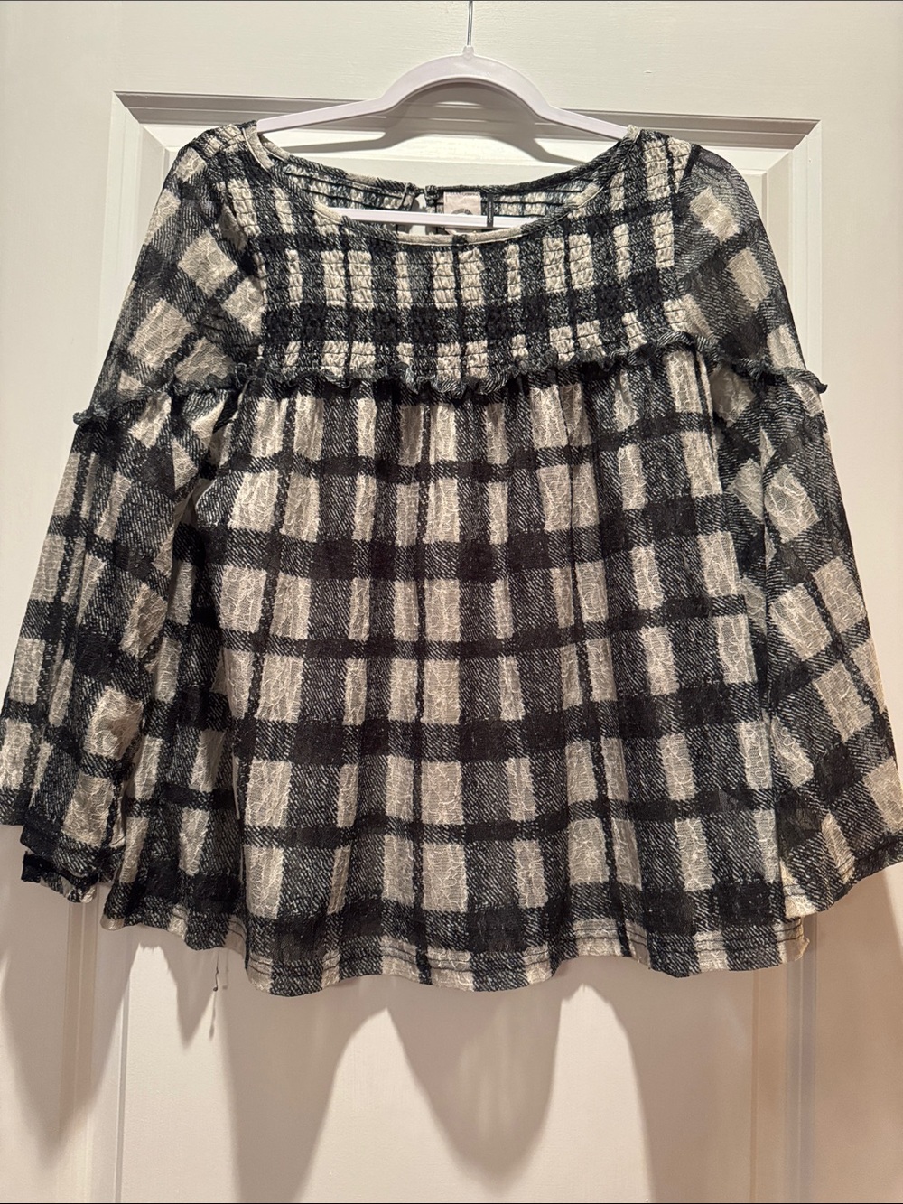 Navy and White Plaid Smocked Yoke Women's Blouse